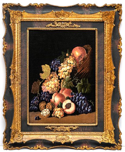 TABRIZ SILK AND WOOL PICTORIAL CARPET, FRAMED C 1990 H 28" W 20" STILL LIFE OF FRUITS AND NUTS 