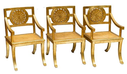 REGENCY STYLE SET OF THREE OPEN ARM CHAIRS H 37" W 21" GILT FRAMES 