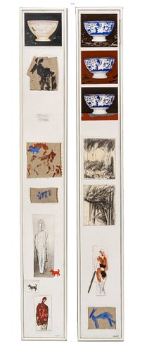 FRENCH WALL PANELS, MIXED MEDIA PAIR H 64" W 9" "OBJECTAL" BY DREYFUSS AND POUGNY 