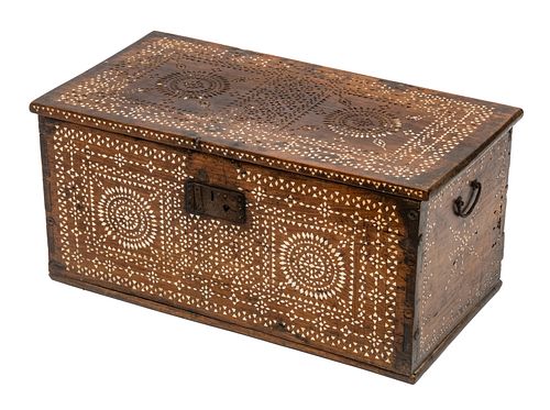 PHILIPPINE CARVED WOOD WITH MOTHER OF PEARL INLAY CHEST, H 14", W 30", D 13.75" 