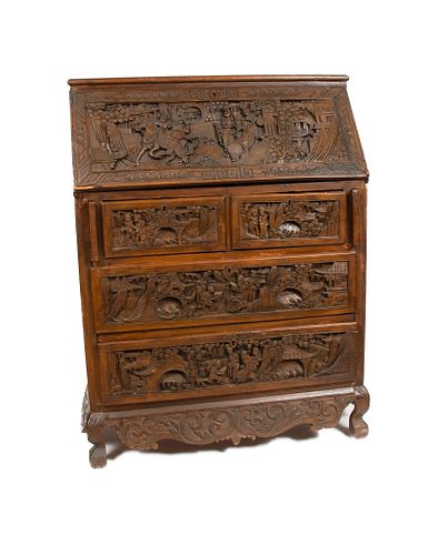 INDONESIAN CARVED WOOD DROP FRONT WRITING DESK, 20TH C., H 42", W 32", D 15" 