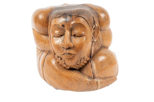 BALINESE CARVED WOOD FIGURE, 20TH C., H 8", W 8", D 9", OVER-THINKER 