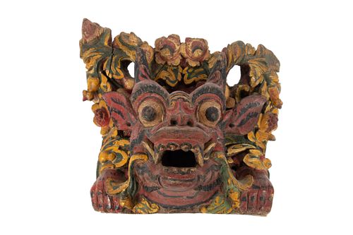 BALINESE  POLYCHROME CARVED WOOD TEMPLE MASK, H 11.5", W 12.5", D 6.5" 