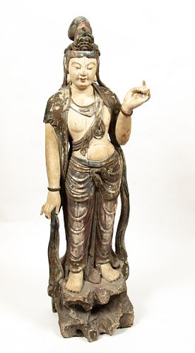 CHINESE POLYCHROME CARVED WOOD SCULPTURE, H 52", W 15", STANDING GUANYIN 