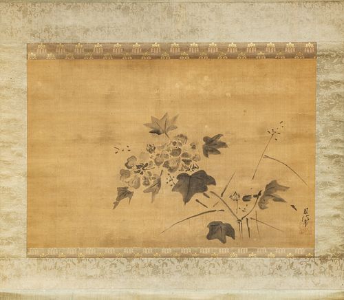 CHINESE INK ON SILK SCROLL, 20TH C., H 14", W 21" 