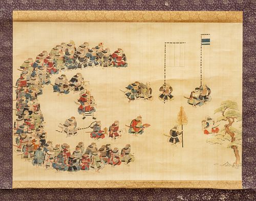 JAPANESE WATERCOLOR ON SILK SCROLL, 20TH C., H 19", W 27.25" 