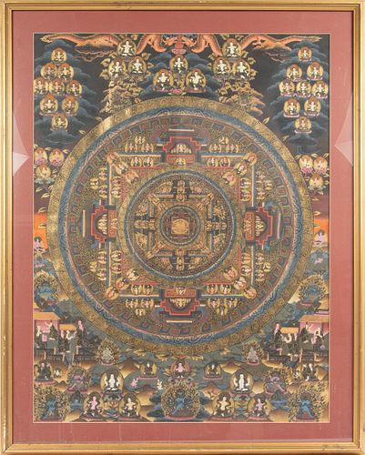 NEPALESE THANGKA, GOUACHE ON SILK WITH GILT HIGHLIGHTS, 20TH C., H 35", W 25.5" 