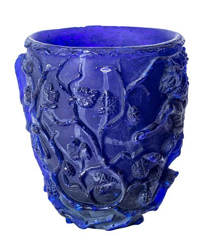 MURANO COBALT BLUE GLASS VASE, H 6.5" DIA 5" 