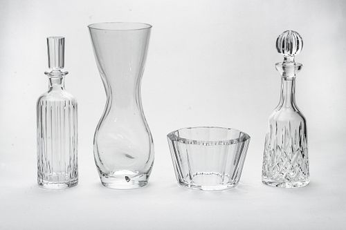 BACCARAT, WATERFORD AND ORREFORS CRYSTAL DECANTERS AND VASES, 4 PCS. 