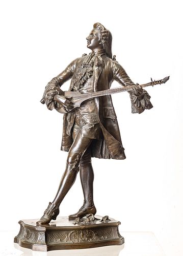 ANDRE-LOUIS ADOLPHE LAOUST (FRENCH, 1843-1924), BRONZE SCULPTURE, H 20", D 8.5", COURT MUSICIAN WITH MANDOLIN 