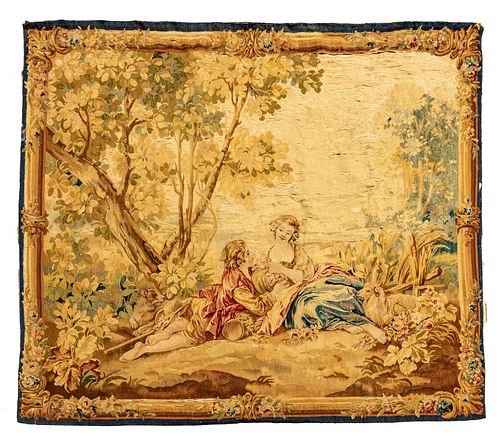 FRENCH AUBUSSON TAPESTRY, 19TH C., H 5' 7", W 6' 2", PASTORAL SCENE OF YOUNG COUPLE 