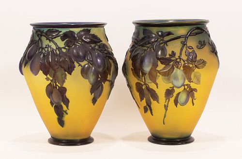 CRISTALLERIE D'EMILE GALLE (FRENCH, 1874–1936) MOLD-BLOWN CAMEO GLASS PLUM VASES, CIRCA 1925, PAIR, H 12.75"-13", DIA 9.75"-10" 