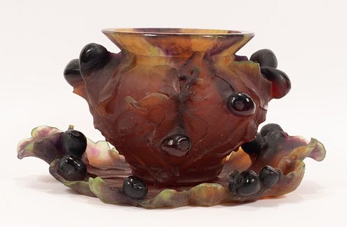 DAUM (CO.) (FRENCH, ESTABLISHED 1878) NANCY, FRANCE, GLASS PATE DE VERRE VASE AND TRAY: LES FIGUES EARLY 20TH CENTURY H 3.25-8" DIA 12-17" 