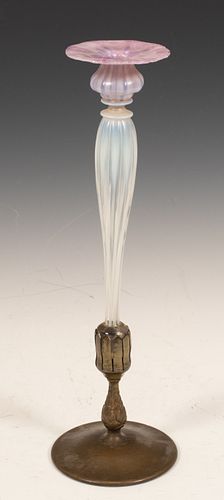 TIFFANY STUDIOS (AMERICAN, 1878–1938) FAVRILE PASTEL GLASS DORE MOUNTED CANDLESTICK, CIRCA 1910, H 16", DIA 4.875" 
