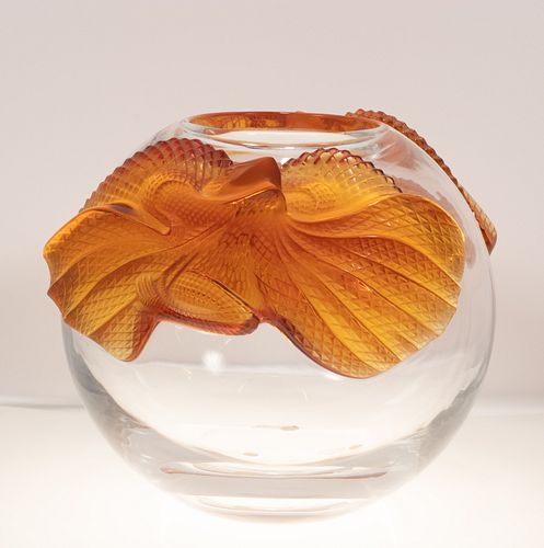 LALIQUE (CO.) (FRENCH, ESTABLISHED 1885) MOLDED AND FROSTED GLASS VASE: ERIMAKI AMBER LATE 20TH/EARLY 21ST CENTURY H 7.75", DIA 5" 