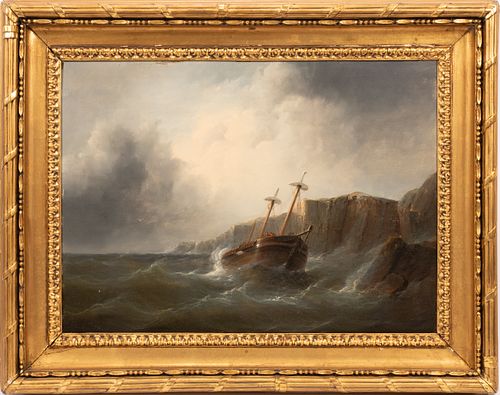 CHRISTIAN CORNELIS KANNEMANS (DUTCH 1812 - 84), OIL ON BOARD, H 20" W 28" SHIP FLOUNDERING OFF A ROCKY COAST 