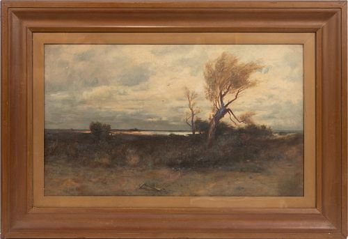 MANNER OF ROBERT SWAIN GIFFORD (AMER, 1840-1905) BARBIZON OIL ON CANVAS, H 16", W 27.5", LANDSCAPE 