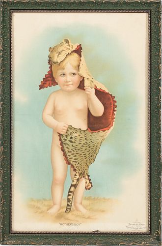 CHROMOLITHOGRAPH ON PAPER, H 24", W 14.5", "MOTHER'S BOY" 