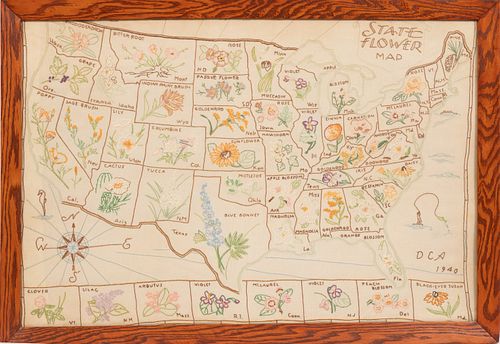 EMBROIDERED TEXTILE, 1940, H 22.5", W 33", "STATE FLOWER MAP" 