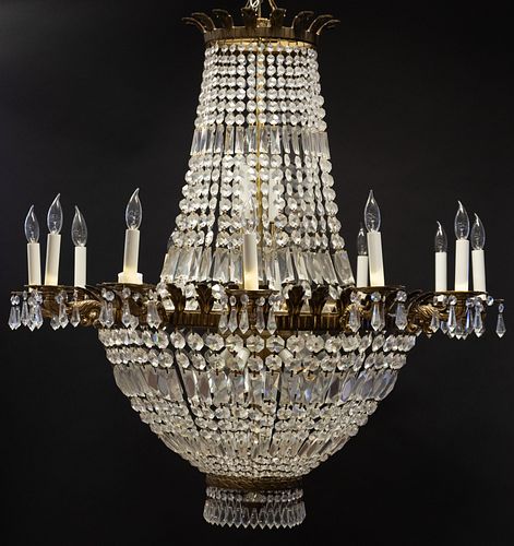 FRENCH EMPIRE STYLE  CRYSTAL & BRASS 18 LIGHT CHANDELIER, H 36", DIA 36" 
