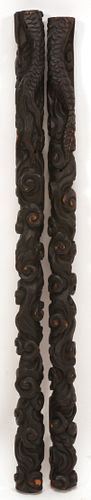 ASIAN PAINTED CARVED WOOD WALL ORNAMENTS PAIR H 47" W 3.5" D 2.5" 