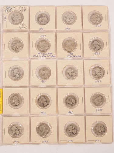 U.S. STERLING SILVER WASHINGTON QUARTERS .25C 1934-46 AS IS CONDITION,  (20) 