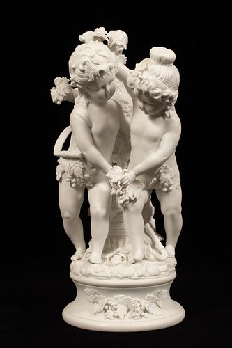 BISCUIT PORCELAIN FIGURAL GROUPING, H 13", DIA 6"