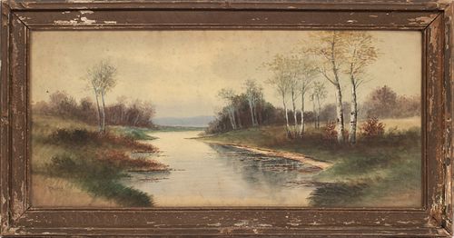 F. MARTIN WATERCOLOR ON PAPER, EARLY 20TH C. H 12", W 26", RIVER LANDSCAPE 