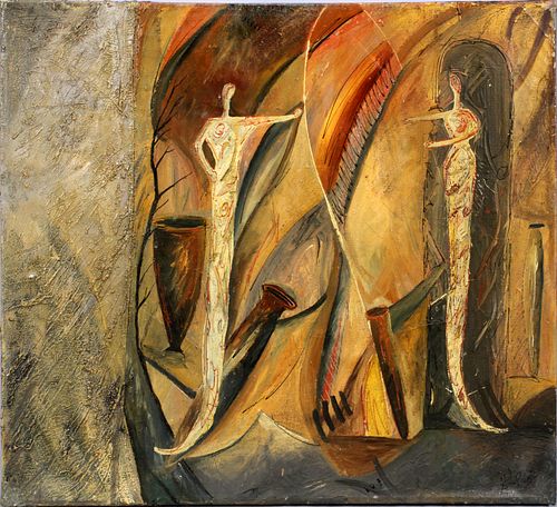 STEPHEN BALDAUF (AMERICAN, 20TH C.), OIL ON CANVAS, H 45", W 52", ABSTRACT FIGURAL COMPOSITION 