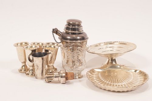 STERLING SHELL DISH, COCKTAIL SHAKER, CORDIALS ETC.  11 PCS. 