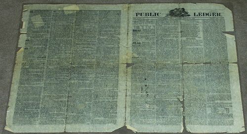 PHILADELPHIA PUBLIC LEDGER AMERICAN  NEWSPAPER MARCH 25, 1836 WITH PROTECTIVE COLORLESS SLEEVE, AS IS LAMINATED TO PRESERVE HISTORICAL NEWS (1) H 15" 