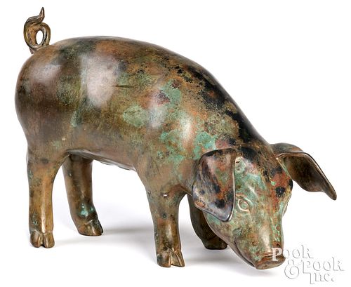 Patinated bronze pig figure, 20th c.