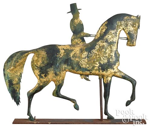 Swell-bodied copper horse and rider weathervane