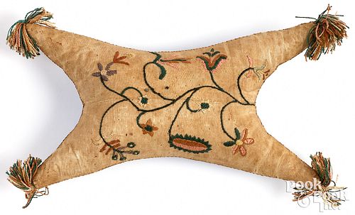 Silk embroidered pillow pin cushion, 18th c.