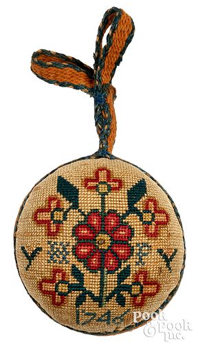 Early embroidered sewing ball, dated 1746