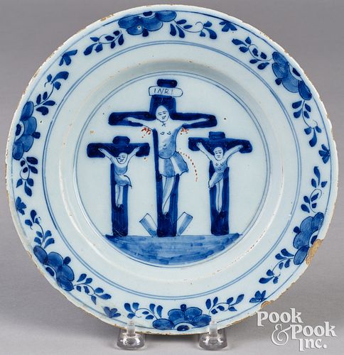 English Delftware crucifixion plate, mid 18th c.