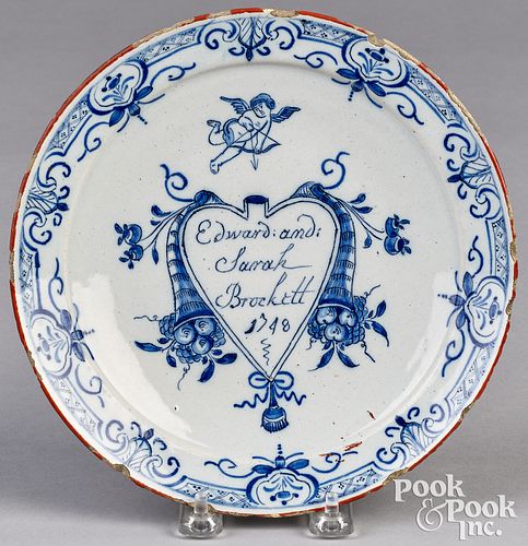 English Delftware marriage plate, dated 1748