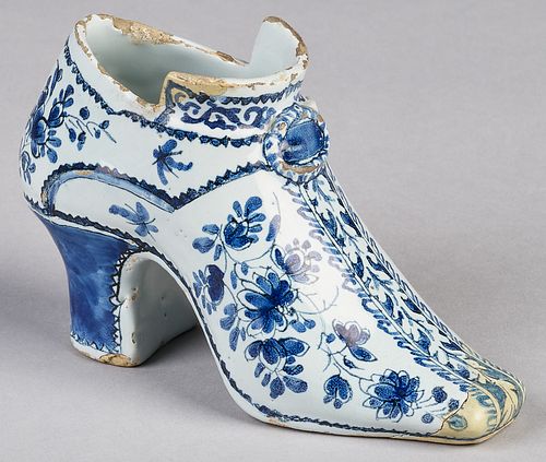 English Delftware lady's shoe, dated 1718
