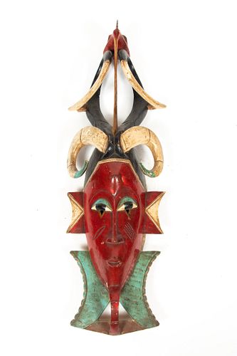 WEST AFRICAN POLYCHROME CARVED WOOD MASK, 20TH C., H 34", W 10.5" 