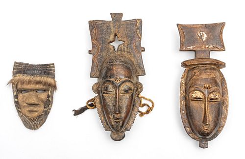 AFRICAN WOOD MASKS WITH PIGMENT, FUR & SNAKESKIN, 3 PCS, H 8.5"-15.5"