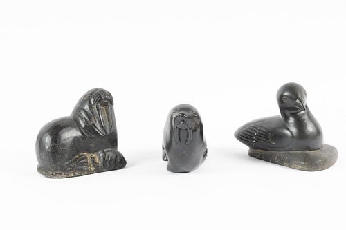 INUIT CARVED SOAPSTONE SCULPTURES H 3 1/4" - 3 3/4" L 3" - 5" TWO WALRUS, BIRD 