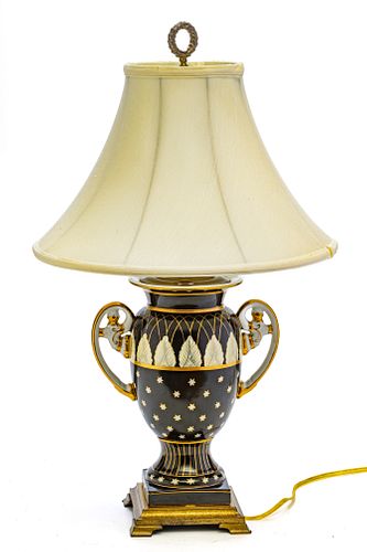 POLYCHROME GILDED PORCELAIN TABLE LAMP, H 27", W 10"