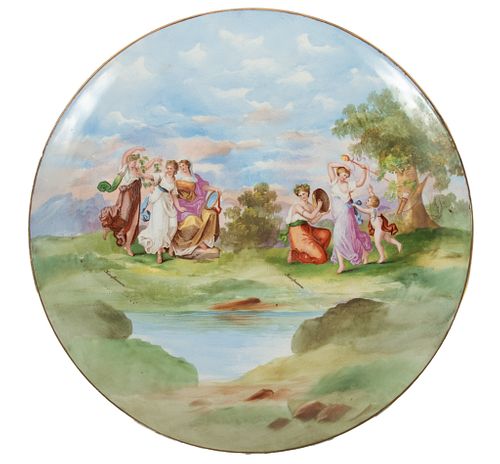 AFTER ANGELICA KAUFMANN, SCENIC PORCELAIN WALL PLAQUE C 1920 DIA 13.5" 
