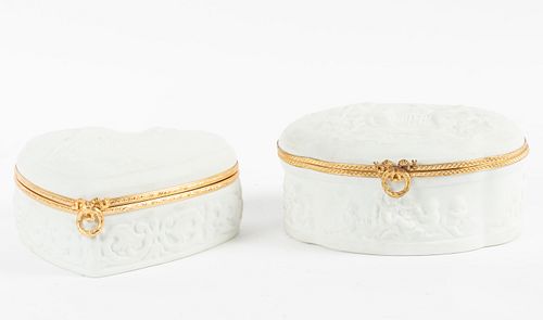 FRENCH LIMOGES BISQUE COVERED HINGED BOXES W 6", 7" 