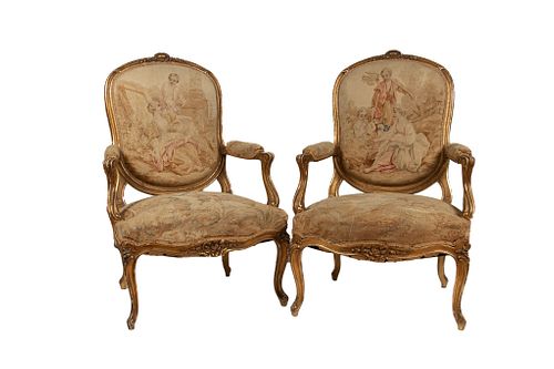 LOUIS XV STYLE PAIR OF CHAIRS, H 42.75", W 27", D 22" 