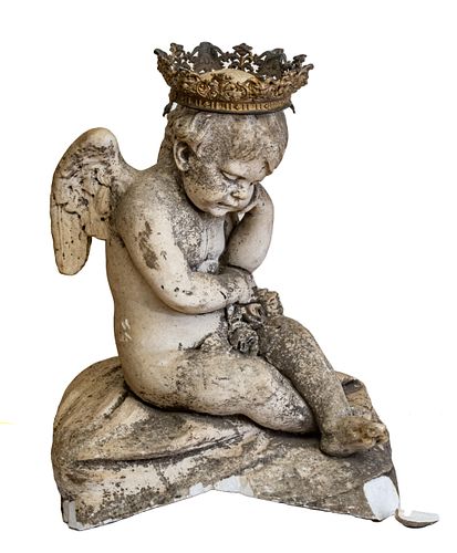 CARVED STONE SEATED ANGEL WITH CROWN GARDEN SCULPTURE H 29", W 20" 