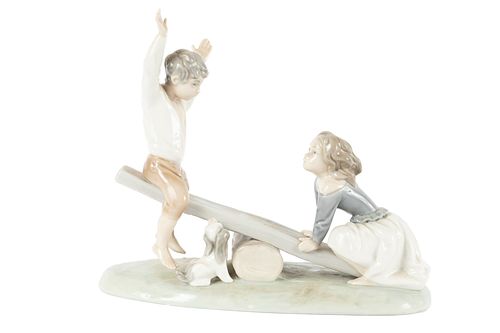 LLADRO PORCELAIN H 8" L 8" SEE-SAW, SAILOR BOY AND GIRL, #1255 