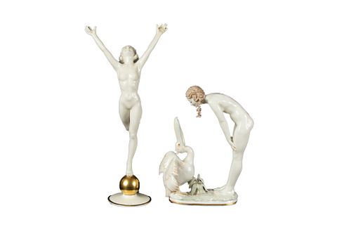 HUTSCHENREUTHER, SELB PORCELAIN, C 1950, TWO, H 13",8" NUDE FIGURES 