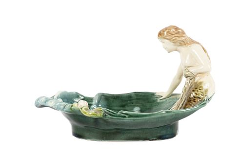MAJOLICA POTTERY NUDE MERMAID WITH NET, C 1880 LILY FORM DISH 