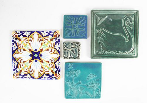 PEWABIC AND OTHER TILE MAKERS, LOT OF 5, ALSO FARNEN, TYGE 